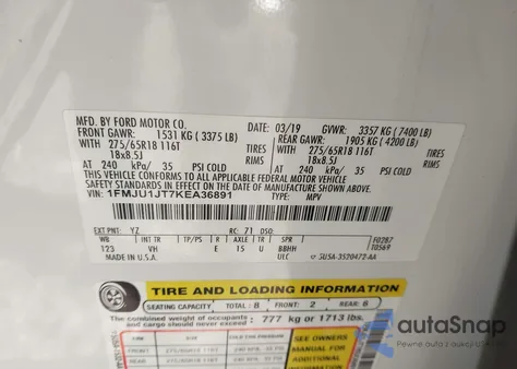 2019 Ford Expedition Xlt из США, поврежденный, VIN 1FMJU1JT7KEA36891